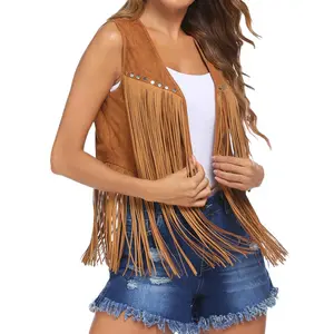Charm Studio Women Vintage Western Fringe Vest Cowboy Cowgirl Clothes 70s Hippie Vest Tassel Country Concert Fringe Tops Shirts Sleeveless Womenswear