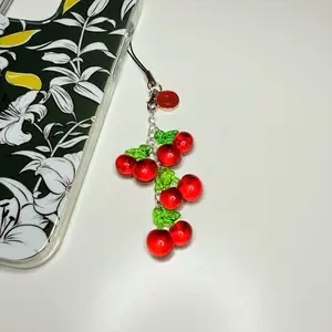 Red Cherry Sweet Initial Customized Phone Charm with Green Leaves and Red Berries Design