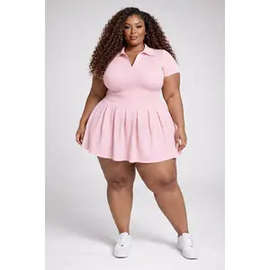 PLUS SIZE Rib Jersey Pleated Mini Dress-PINK