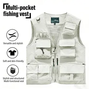 Men’s lightweight, breathable sleeveless vest jacket with a V-neck zip design, multiple functional pockets, regular fit, suitable for outdoor fishing activities in all seasons.
