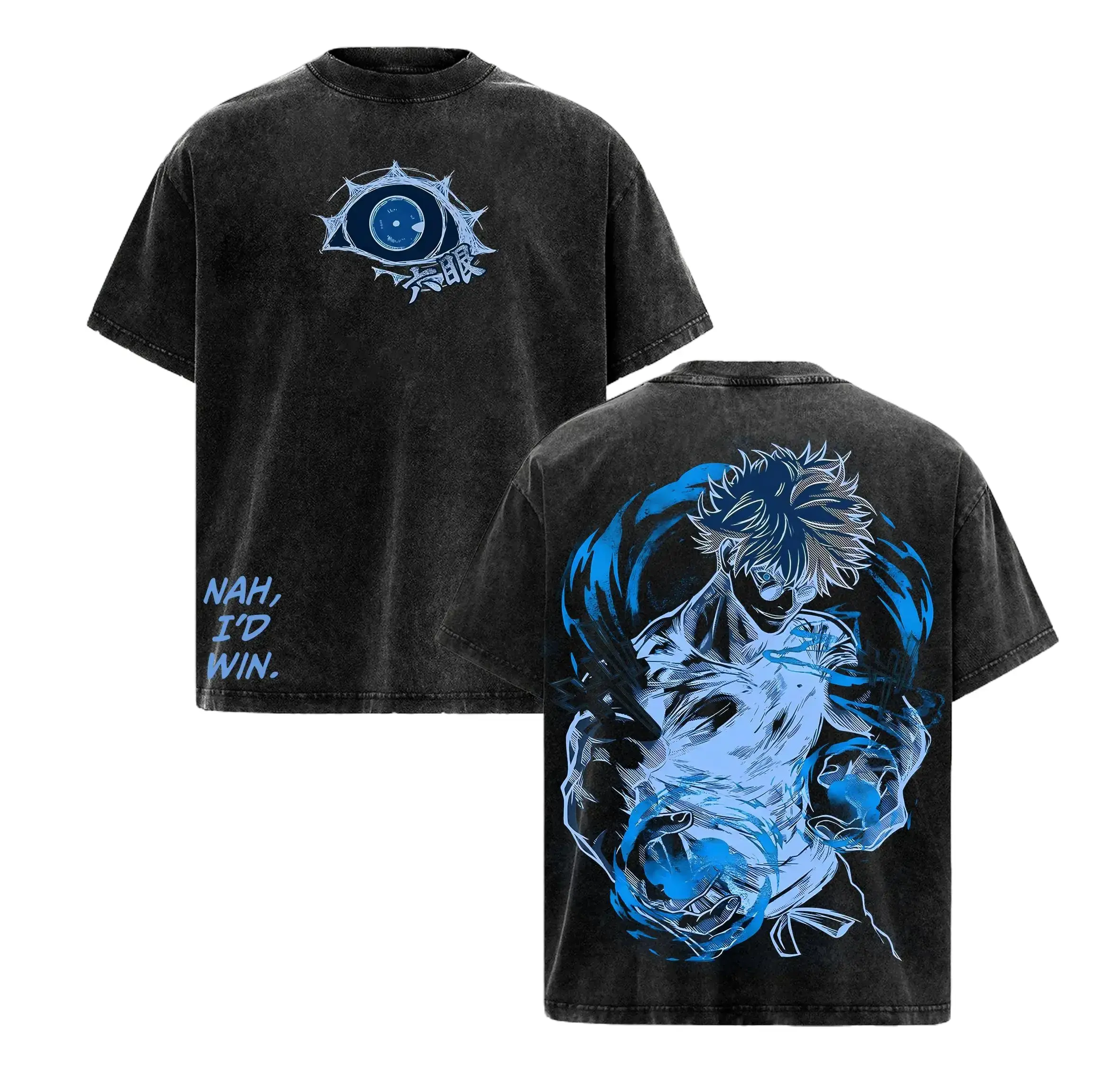 Men's Premium Cotton Retro Loose-Fit Short-Sleeve Round Neck Tee, Jujutsu Kaisen Gojo Satoru "Nah, I’d Win" Graphic Top, Vintage Washed Streetwear, Blue Cursed Energy Design, Seamless, Classic, Pre-Washed, Multi-Size