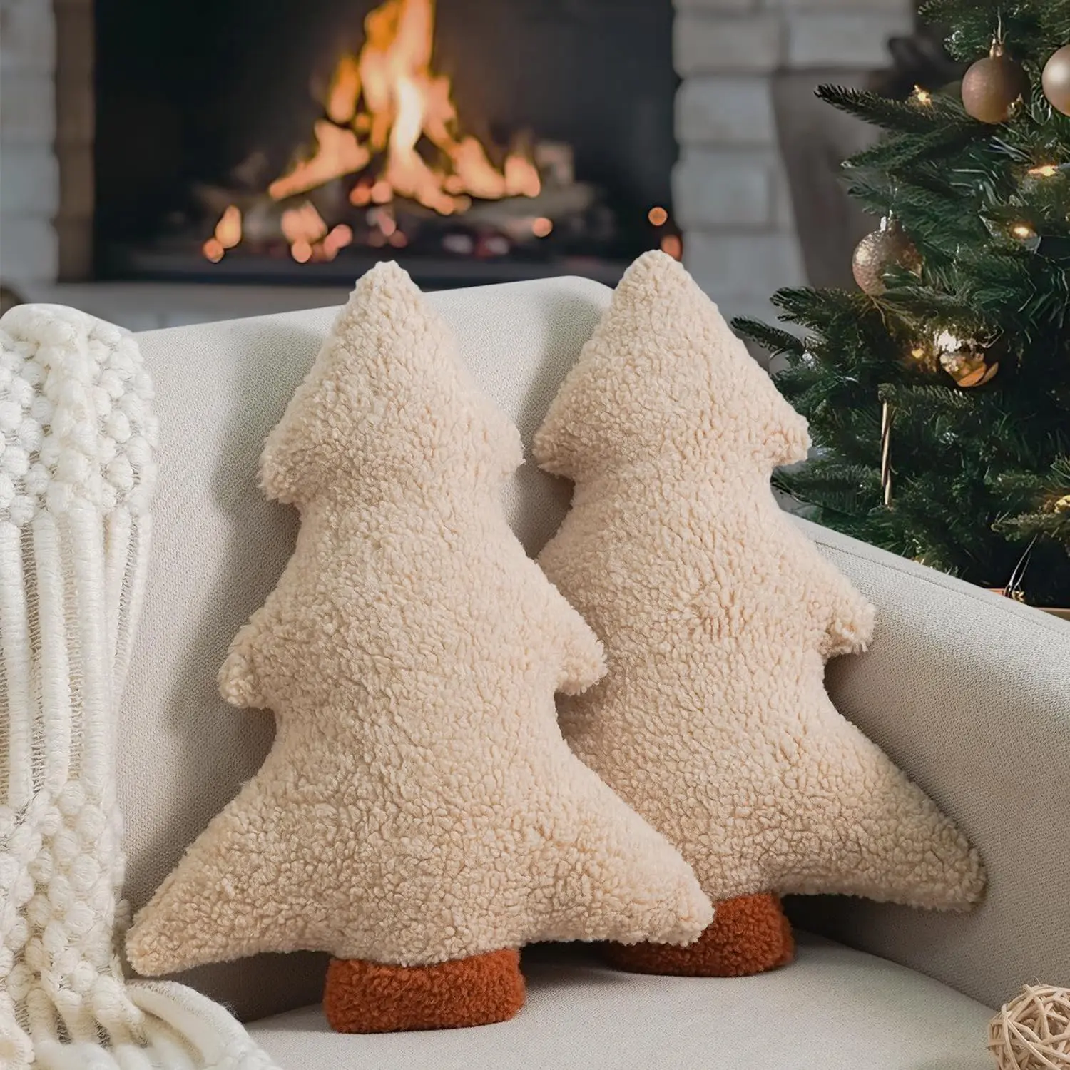 Christmas Pillows, Decorative Christmas Tree Pillow Set of 2 Stuffed Tree Shaped Plush Pillow for Holiday Party Sofa Living Room Decoration (13" x 10.5", Beige)