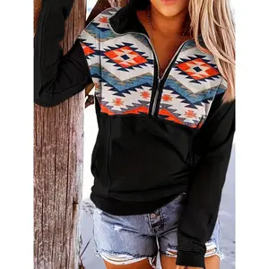 Aztec Print Half Zip Pullover Sweatshirt, Casual Long Sleeve Crew Neck Sweatshirt For Fall & Winter, Women's Clothing