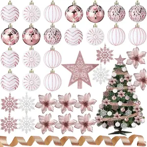 68 Pcs Christmas Tree Balls Ornaments Set Complete Christmas Tree Decorations Glitter Poinsettia Flowers Christmas Ornaments Tree Topper Ribbons Hanging Decor for Xmas Holiday(Rose Gold)