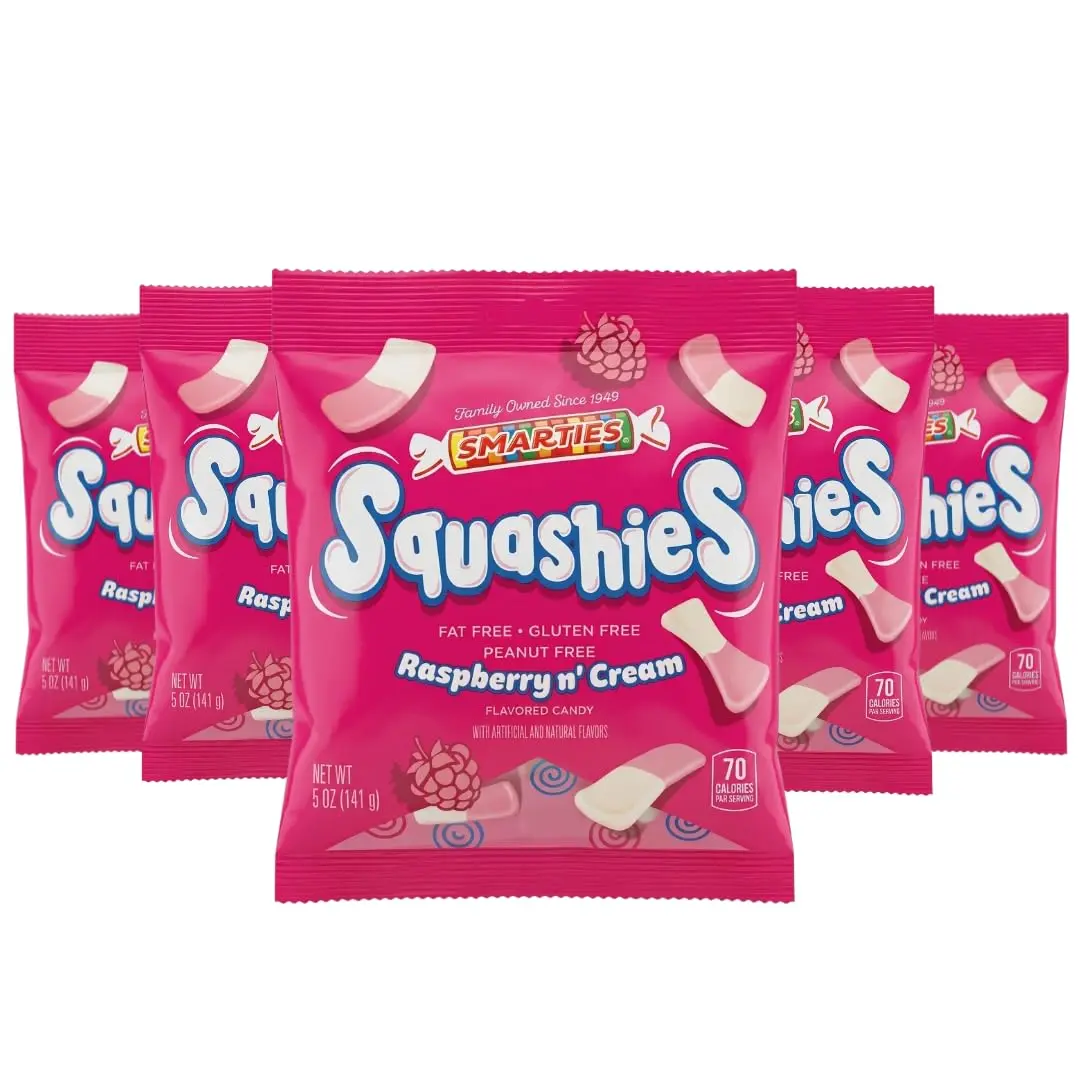 Smarties Squashies Foam Candy, Raspberry & Cream Flavored, Allergen-Free, Peanut-Free & Gluten-Free, Soft & Chewy Candies for Parties, Halloween & Birthdays, 5 oz Bags, 5-Pack