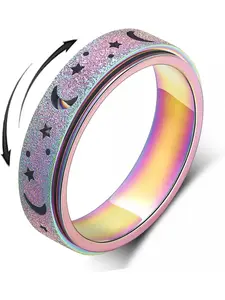 AmorArtSky Men's Anxiety Ring, Titanium Stainless Steel Spinner Ring, 5 Colors, 6mm, Sizes 6-10, 3 Styles of Anxiety Rings - Moon & Star, Sandblasted Finish, Hollow Out Design