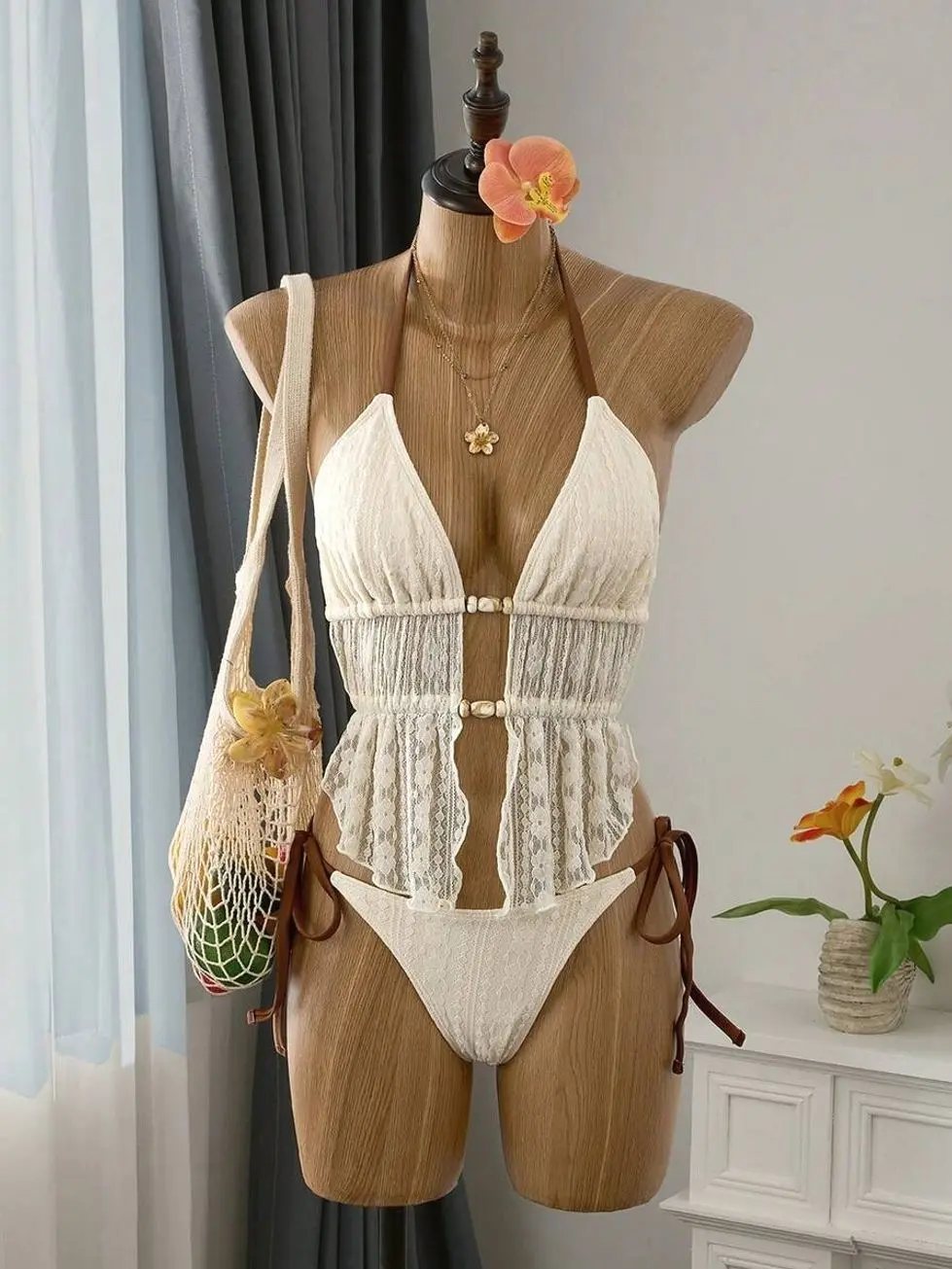 Bellisia Beige Floral Lace Mesh Beaded Tankini Swimsuit Set | Contrast Brown Halter Neck & Tie-Side Bottom | Boho Beach Bridal 2PC Bathing Suit