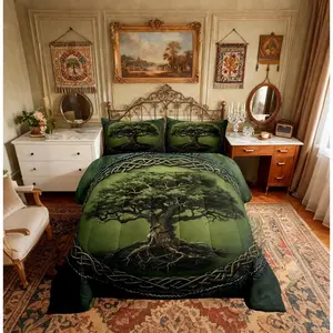 Tree of Life Young Comforter Set,Boho Tribal Tree Branches Mystic Green Bedding Set,All Season,Exotic Style Geometric Circle Mandala Comforter