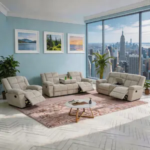 A AINEHEOM Beige Corduroy Recliner Sofa Set 3-Piece Couch Living Room Sofa Set with Adjustable Backrest