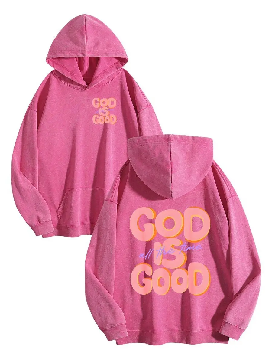 Holafish Women's "God Is Good All The Time" Print Acid Wash Hoodie Vintage Sweatshirt Oversized Loose Fit Winter Warm Streetwear Casual Tunic