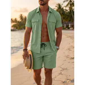 Men's summer workwear shirt set: a two-piece quick-dry vacation outfit featuring practical short-sleeve with pockets and tailored pleated shorts-a lightweight tactical casual set dungarees linen suit prom suits men