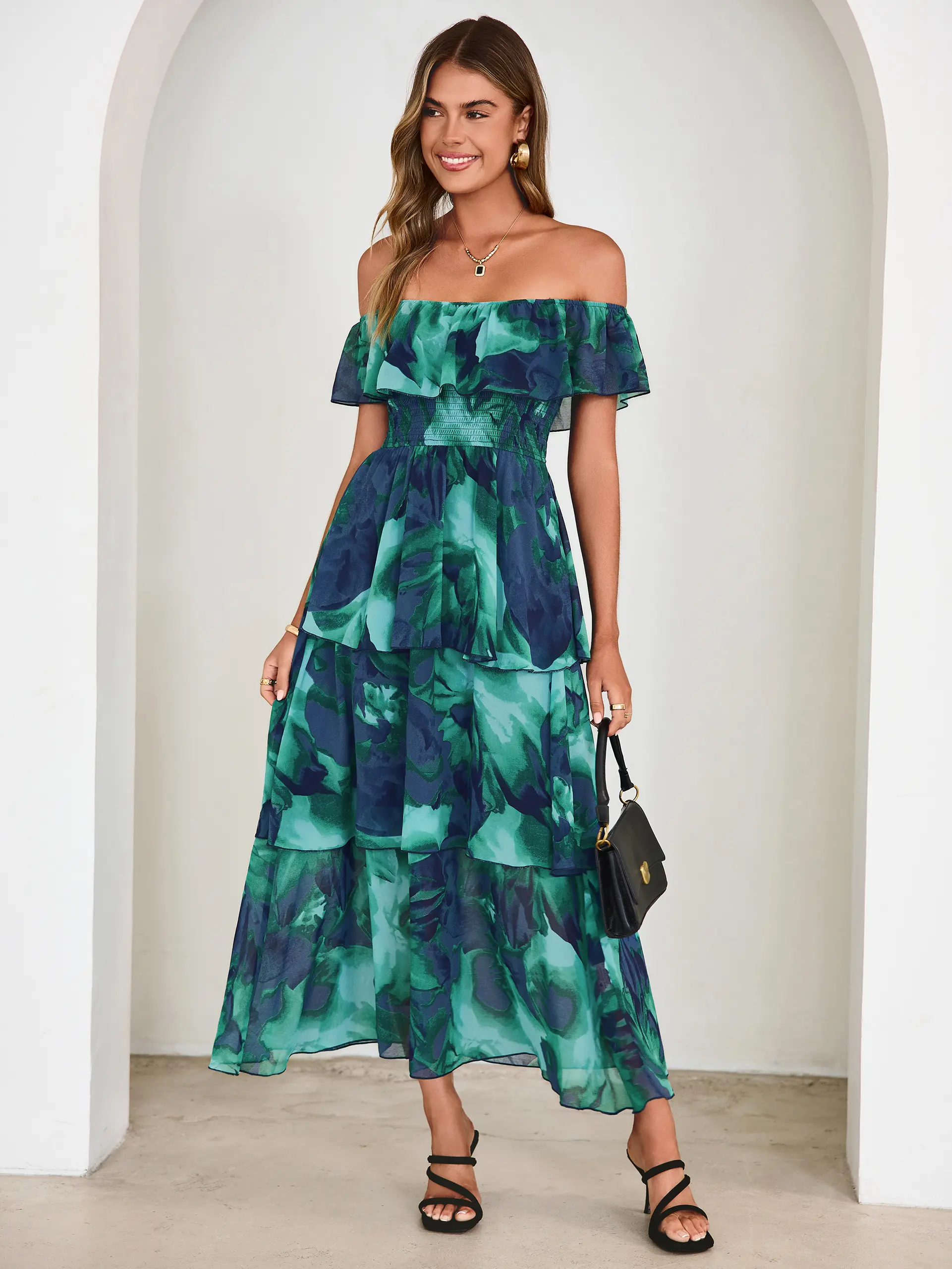 Simplee Summer Boho Off The Shoulder Dress - Chiffon Smocked Flowy Tiered Maxi Dresses - Elegant Floral Print Casual Wedding Guest Outfits