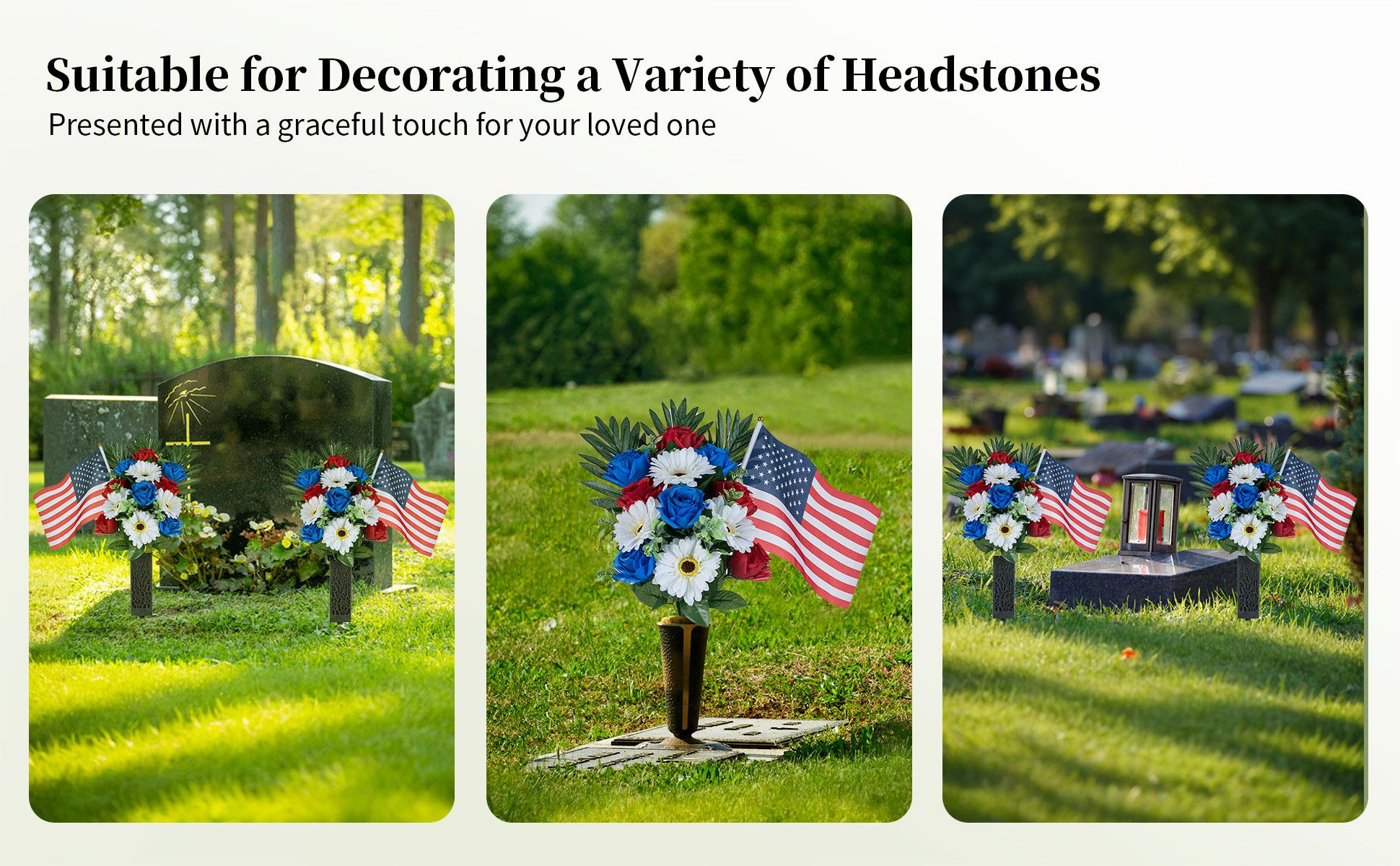 Memorial Day Flowers for Cemetery: 2 Pcs Outdoor Grave 250th Anniversary USA Decorations - Artificial Patriotic Cemetery Flowers for Grave - Red White Blue Roses with American Flags Vase