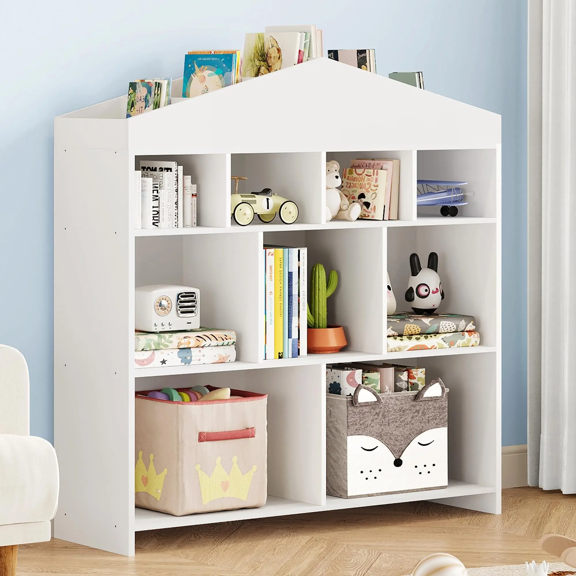 【GARVEE】9-compartment children's shelf, large shelf toy shelf, children's bookshelf, house-shaped, Montessori shelf for books and your favorite toys, for bedroom, children's room, 104 x 100 x 30 cm, white