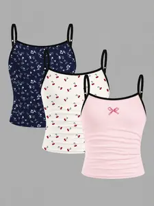 3-piece set of girls' slim-fitting casual floral print, bowknot, mini cherry print pleated vest tops, available in cream white, light pink, and navy blue, suitable for school, campus, travel, and tourism, machine washable and dry cleanable