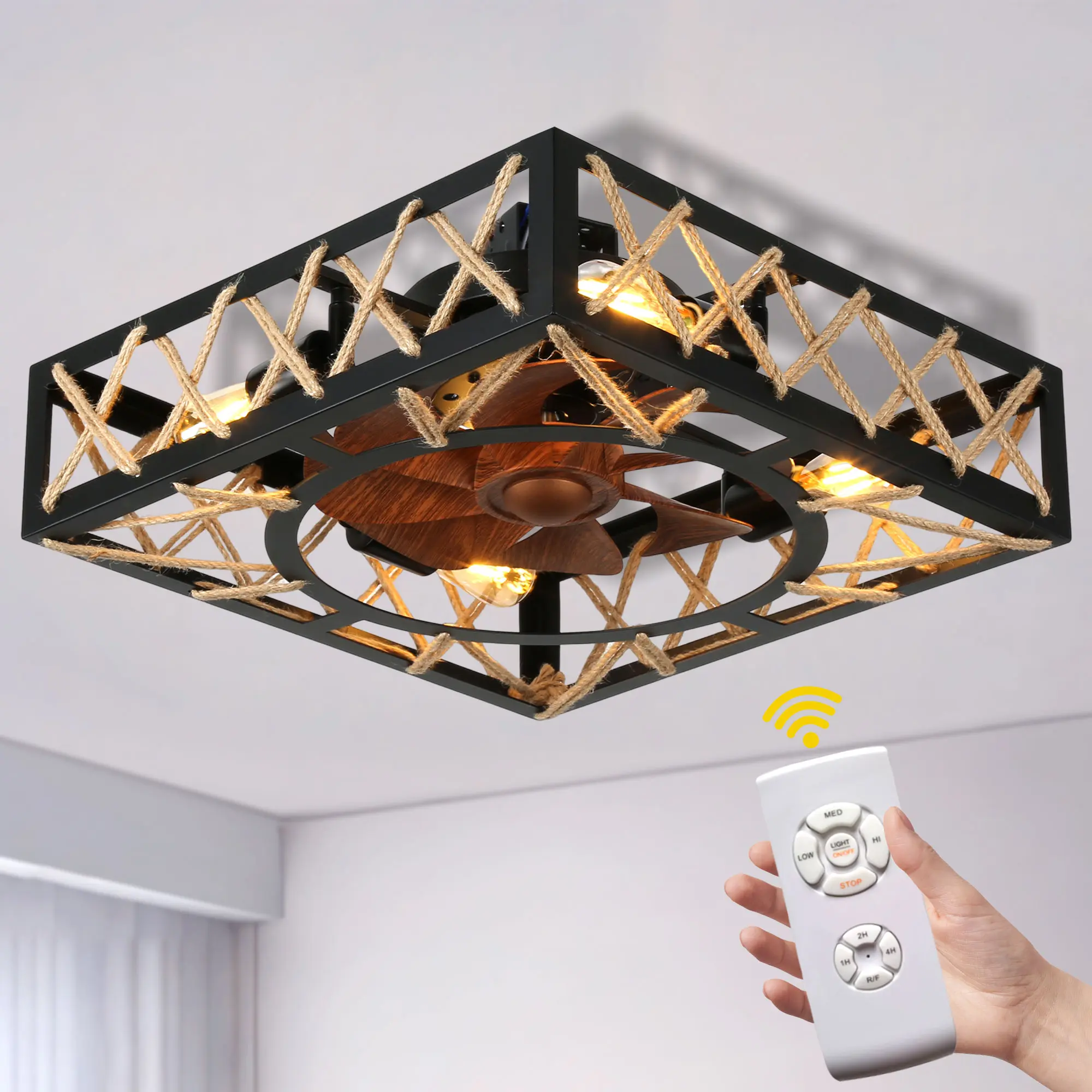 18.1" Square Low Profile Caged Reversible Ceiling Fan with Remote and 4 Lights, Flush Mount 6 Speeds Ceiling Fan