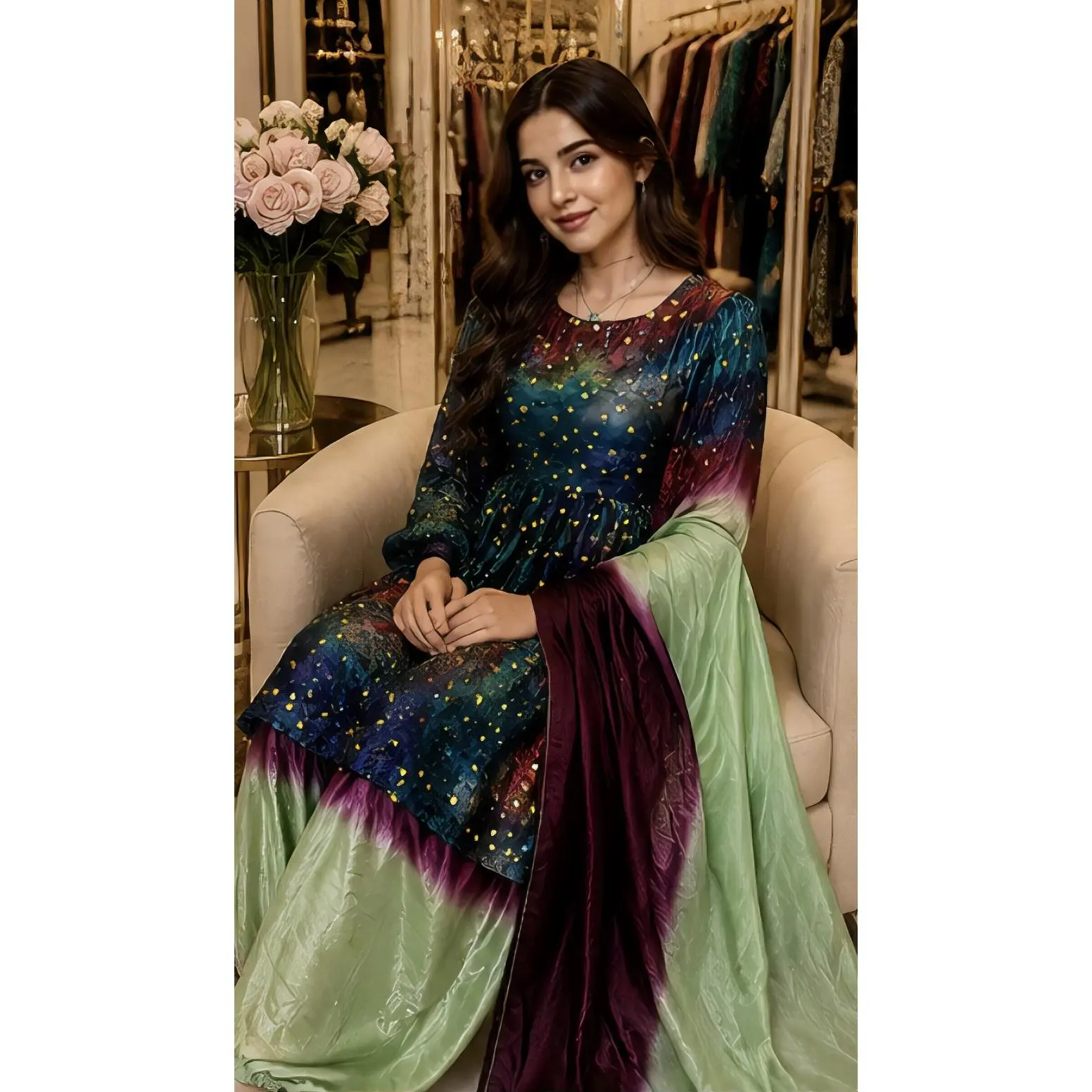 Zareen Boutique Afghan Three-Piece Set - Elegant Dark Teal Frock with Gold Sequin, Light Green & Deep Purple Tie-Dye Pants & Dupatta, Size M