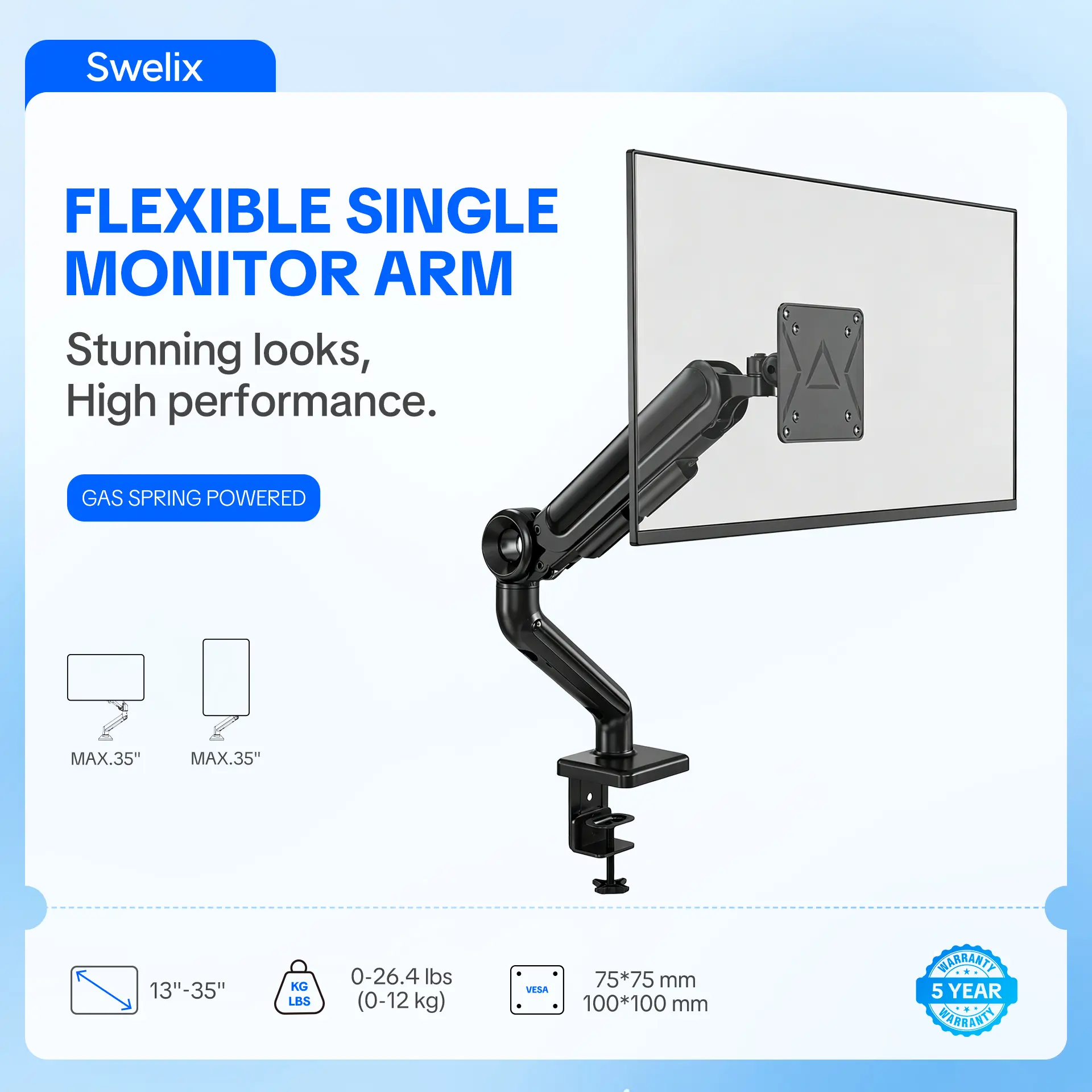 SWELIX Sturdy Single Monitor Mount, Tool-Free Clip & Desk Clamp Base, VESA 75x75mm Compatible, 13"-35" Ultrawide/Large Screen Support, 26.4 lbs Capacity, Cable Management, Easy Adjust & Install for Computer Desk (Plastic Components), Vesa Compat
