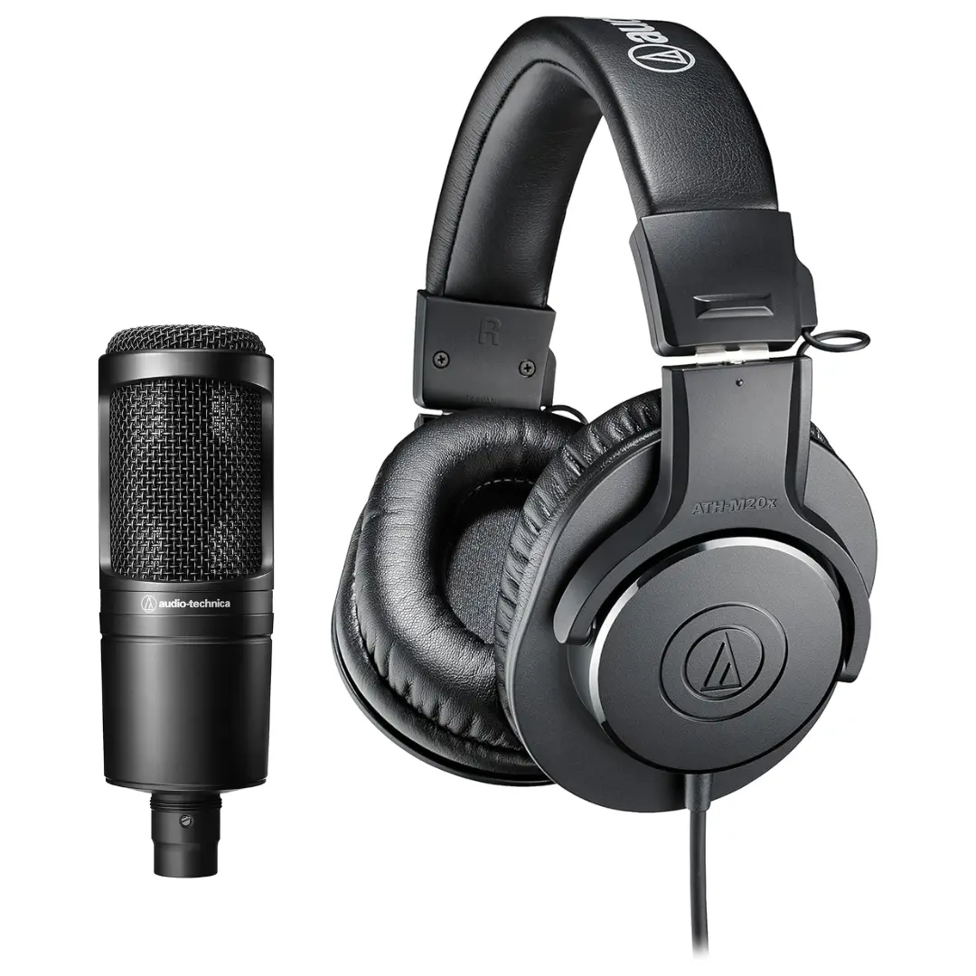 Audio-Technica ATH-M20x Durable Professional Studio Monitor Headphones (Black) with AT2020 Cardioid Condenser XLR Recording Microphone