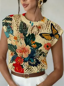 Women's Boho Vintage Floral Butterfly Print Hollow Out Round Neck Knit Sweater, Casual Loose Fit, Comfortable All-Season Top, Knitwear, Womenswear