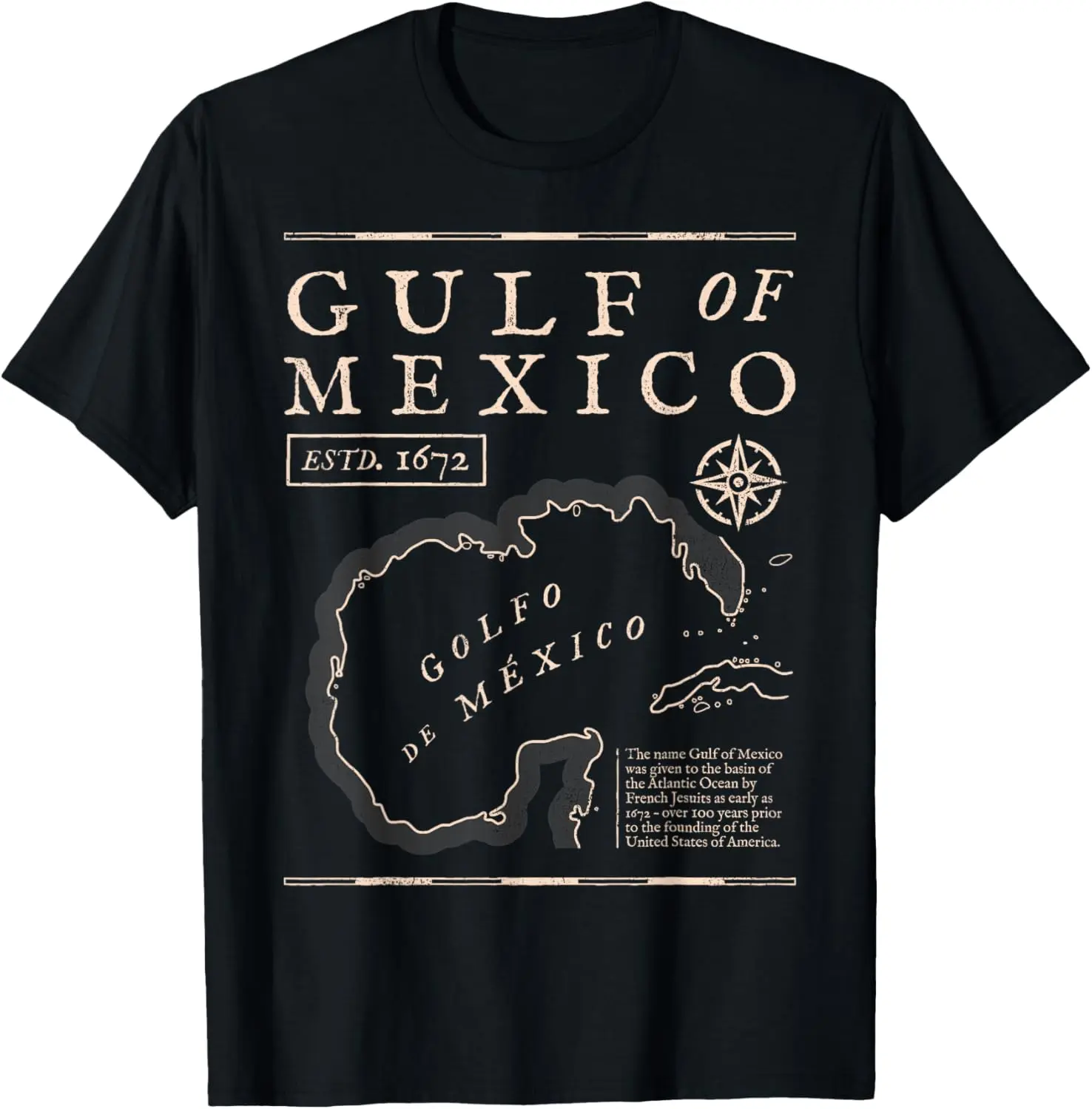 Women's 100% Cotton Round Neck Short-Sleeve Casual Vintage Streetwear T-Shirt - Distressed with 1672 Historic Gulf of Mexico Graphic