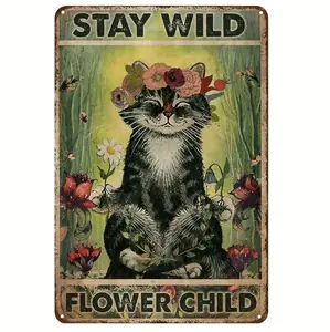 1pc, Vintage metal painted signage, Stay Wild Flower poster Cat and Flower Hippie wall decoration Fun vintage metal signage, suitable for cafes, bars, bars, caves, rooms, shops wall decoration Fun vintage logo, men, women (8 "X12"