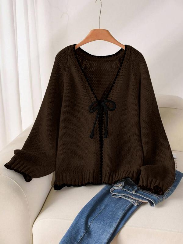 Women's Tie Front Open Front Colorblock V Neck Knit Cardigan Sweater, Casual Loose Fit Long Sleeve Cardigan for Fall & Winter, Women's Knitwear for Daily Wear, Women's Fall Outfit, Winter Sweater for Women, Grey