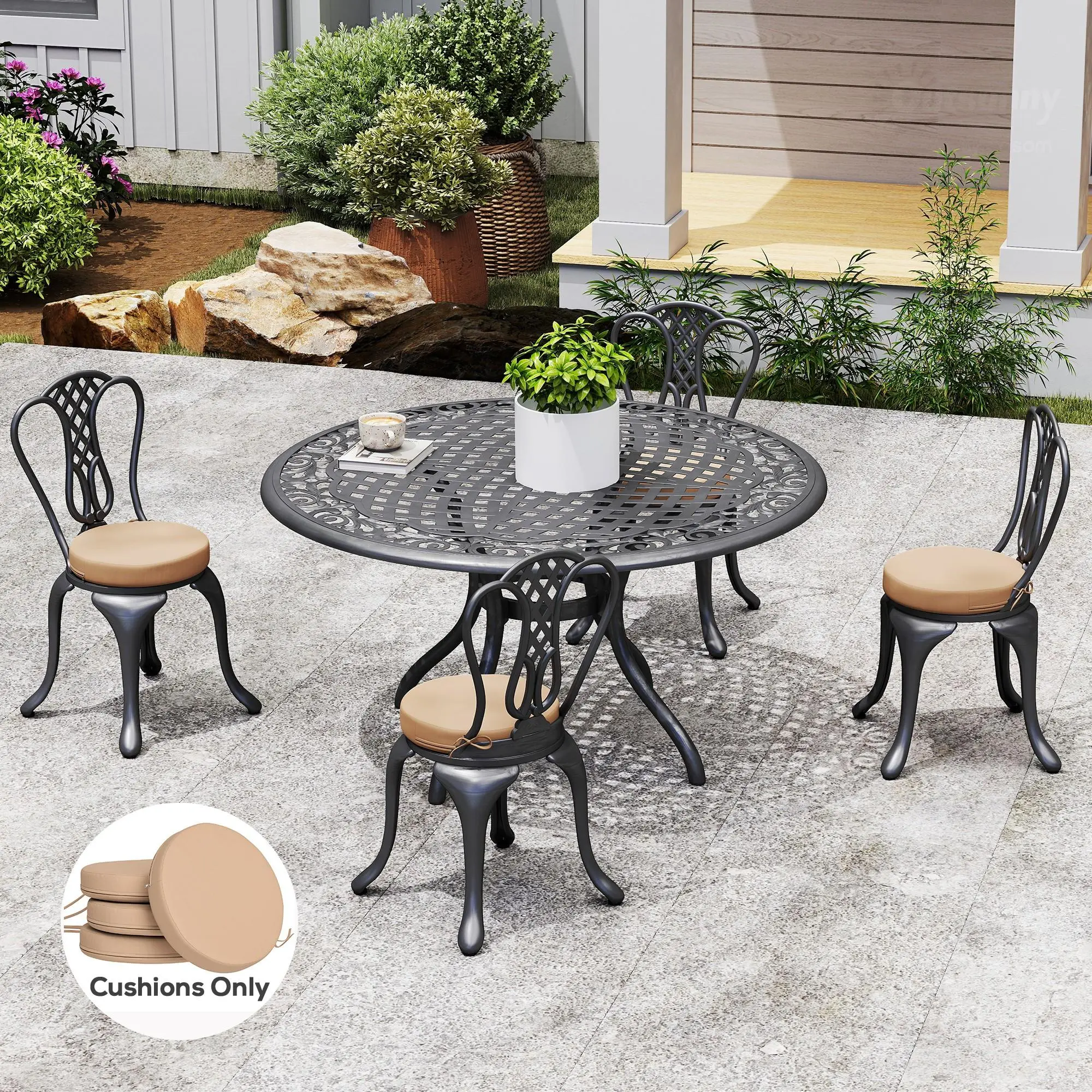 Patio Chair Cushions Set of 4 Round Seat Cushions for Dining Bistro Chairs Machine Washable, 15" x 15" x 3", Khaki