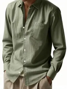 Men's Long Sleeve Linen Shirt, Collared, Plain, Casual Loose Fit, Breathable Comfort, Spring & Fall Wear, Essential Daily Commute