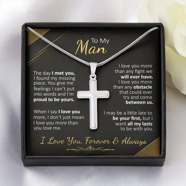 Men's 2-Piece Stainless Steel Cross Motif Necklace & Vegan Leather "Love You Forever" Bracelet Set - Adjustable Length Cuban Link Chain, Engraved Options, Birthday Gift for Male Adults, Casual Jewelry Accessory