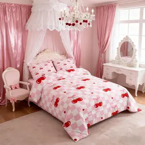 Pink Bowknot Kids Comforter Set,Cherry Bow Tie Dot Princess Romantic Bedding Set,Girls Women Room Decor,Geometric Grid Plaid Patchwork Down Comforter,Fashion Duvet Insert