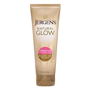 Jergens Natural Glow +Brightening Self Tanner Body Lotion, Sunless Tanning, Medium to Deep Skin Tone, Daily Moisturizer with Coconut Oil, Vitamin E and Antioxidants, 7.5 Oz