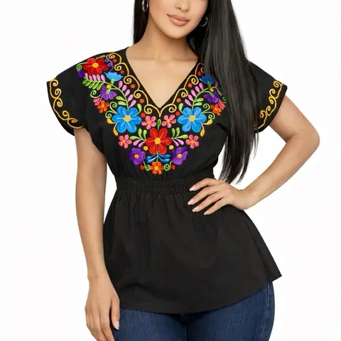 Irene Blouse - Embroidered Mexican Floral Women's Cotton Shirt with Unique Color Patterns & Elastic Waist for Comfortable Fit Made in Mexico