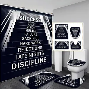 Motivational Slogan Pattern Bathroom Decor Set, 1 Set Including Waterproof Shower Curtain & Toilet Lid Cover & Mat & Bathroom Rug, Bathroom Accessories, Shower Essentials
