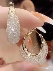 [Luxury Hoop Earrings]1Pair Luxury Sparkle 1 Hoop Earrings Oval Mesh Hoop Earrings | Stylish Women's Earrings Jewelry | Birthday Gifts, Valentine Gifts, Teardrop Earrings