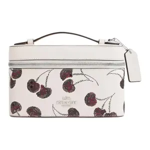COACH Cherry Print Leather Cosmetic Bag for Women, Small Zippered Handbag in Silver