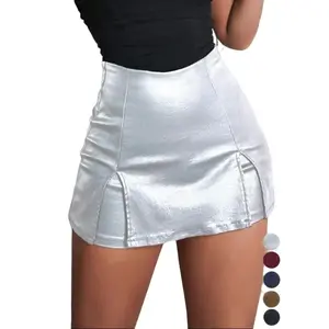 Women'S Split Hem High Waist Skinny PU Shorts, Stretchy Zip Back Faux Leather Skort For Holiday Club Daily Wear, Lady Bottoms For All Seasons