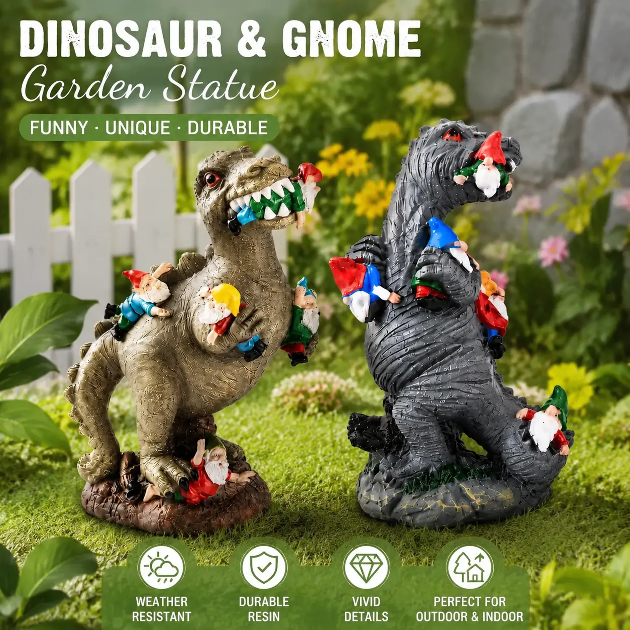 Resin Dinosaur Gnome Decorative Statues - Playful Lightweight Dino Shape Exterior Decorative Statues, Patio & Lawn Ornaments for Home Garden