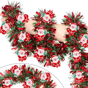 33FT Red Green Christmas Tinsel Garland with Santa Claus Ornaments Christmas Garland Christmas Decorations, Metallic Xmas Tree Garland Indoor Outdoor for  Mantle Xmas Party Holiday Decor