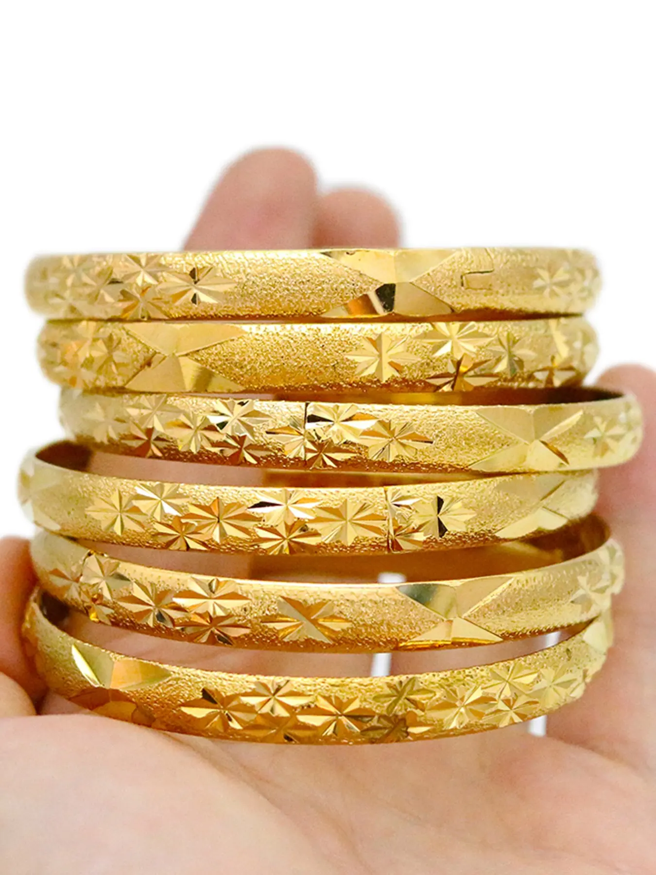 Women's 6-Piece Dubai Style Starry Bracelets, Stackable Exquisite Cuff Bracelet, Vintage Floral Engraving, 24k Gold Plated Wide Copper Cuff, Daily Wear, Cuff Bangles, Stacking Bangle Bracelet