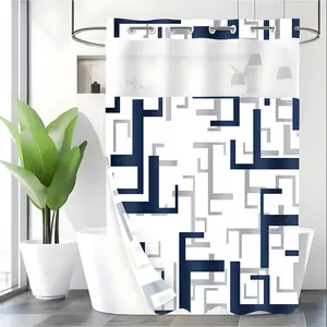 LVRLVR 1pc Modern Minimal Navy Gray Geometric Line Bathroom Shower Curtain and Liner, Abstract Block Print, Sheer Top Window, Detachable Liner & No Hook C-Ring, 70.8" x 74"