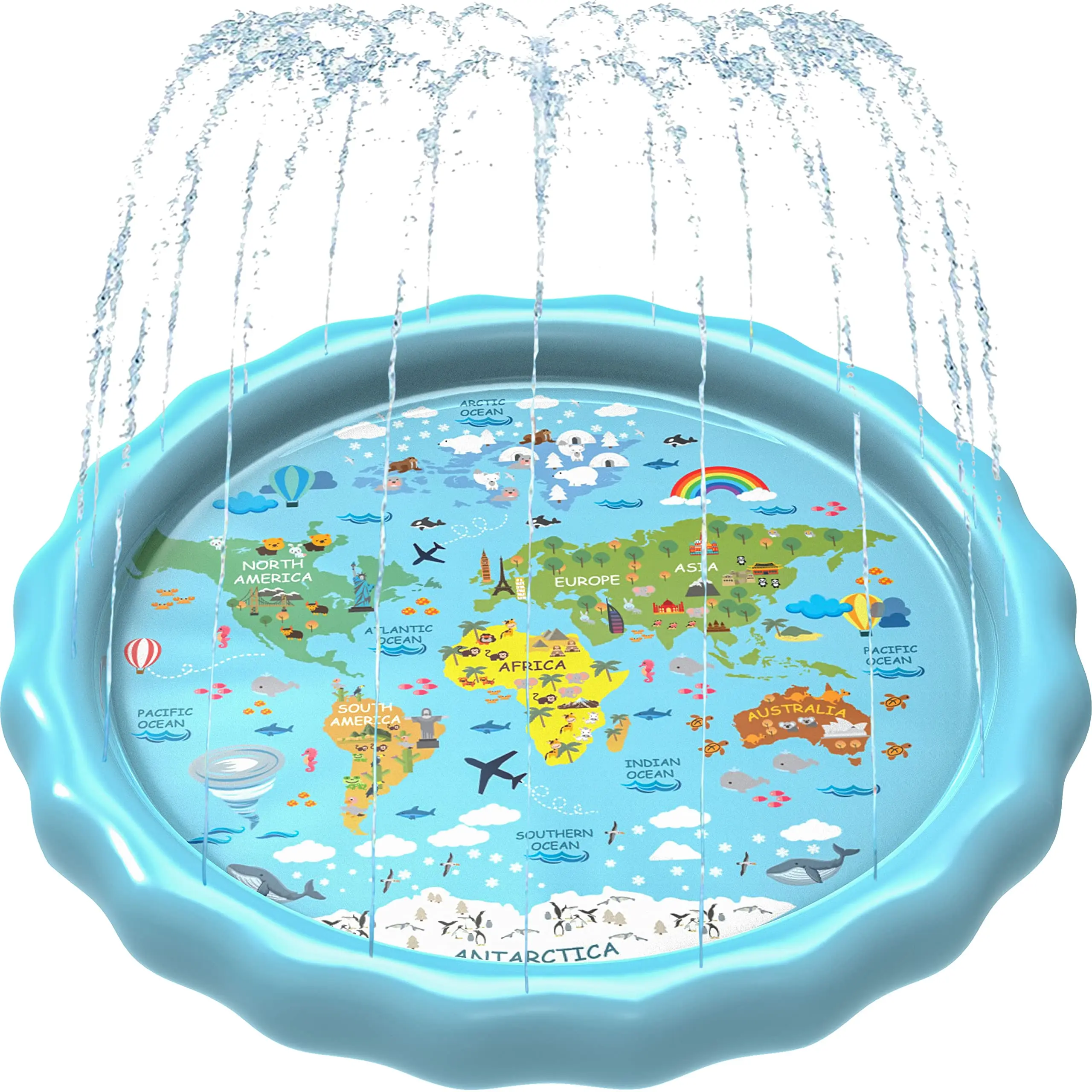 SplashEZ 3-in-1 Splash Pad for Kids and Baby Pool - Children's Sprinkler Pool, 60’’ Inflatable Water Summer Toy, Around The World Outdoor Play Mat
