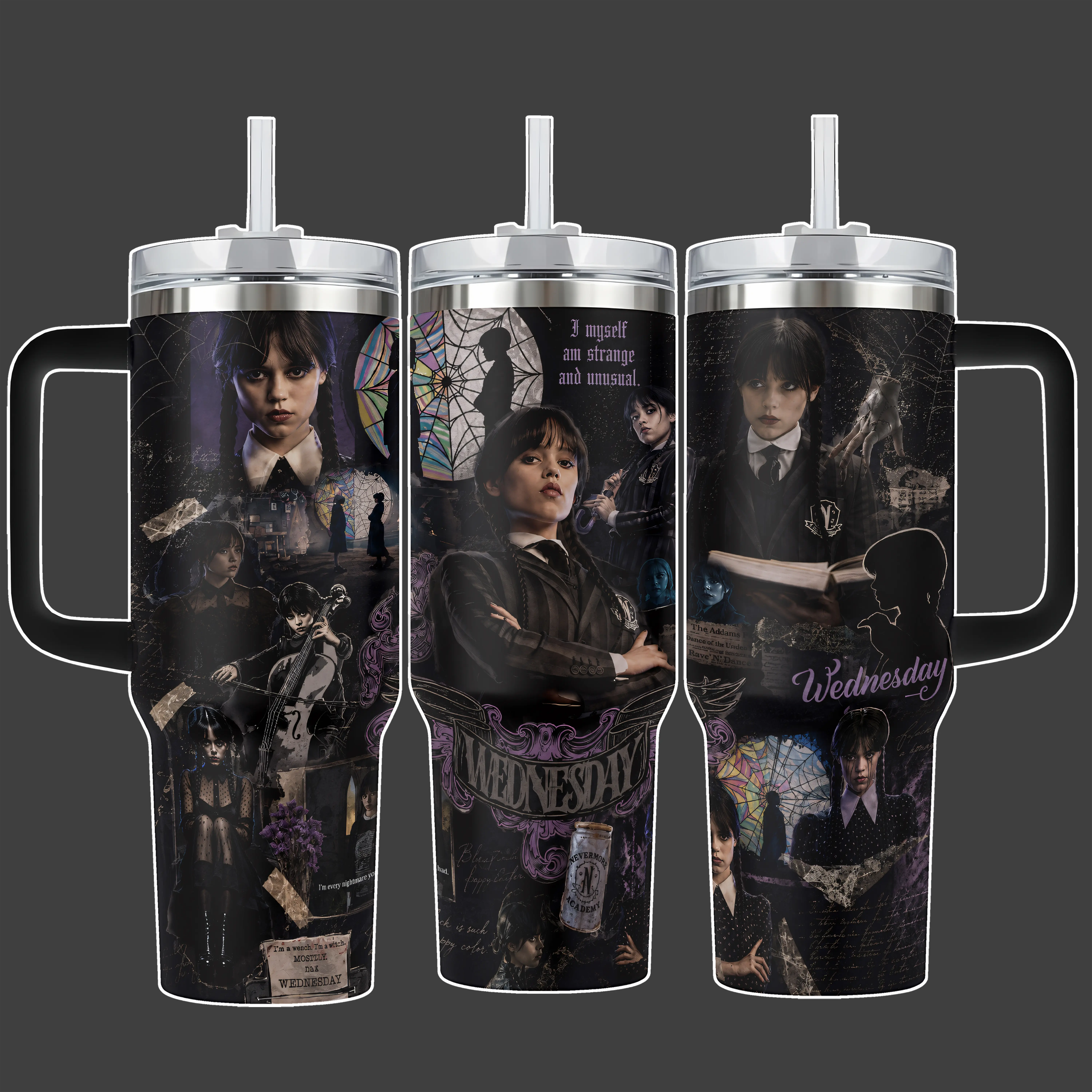 Wednesday Addams Dark Gothic Nevermore Academy Tumbler Cup, Full Wrap Stainless Steel Insulated 20oz/40oz With Straw Lid Included, 40oz Handle Option