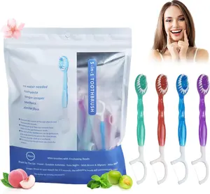 Mini Disposable Toothbrushes 5-in-1 Tool (Paste + Brush + Floss + Pick+Tongue Odor Remove) Individually Wrapped Disposable Prepasted Travel Toothbrushes Small Adult Toothbrush - (26 Packs)