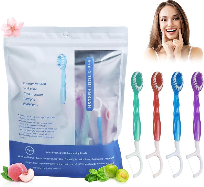 Mini Disposable Toothbrushes 5-in-1 Tool (Paste + Brush + Floss + Pick+Tongue Odor Remove) Individually Wrapped Disposable Prepasted Travel Toothbrushes Small Adult Toothbrush - (26 Packs)
