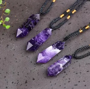 Natural Crystal Hexagonal Point Pendant Cord Chevron Amethyst Necklace, Healing Inner Peace Necklace,  Christmas gift, Birthday gift, Women Men gift