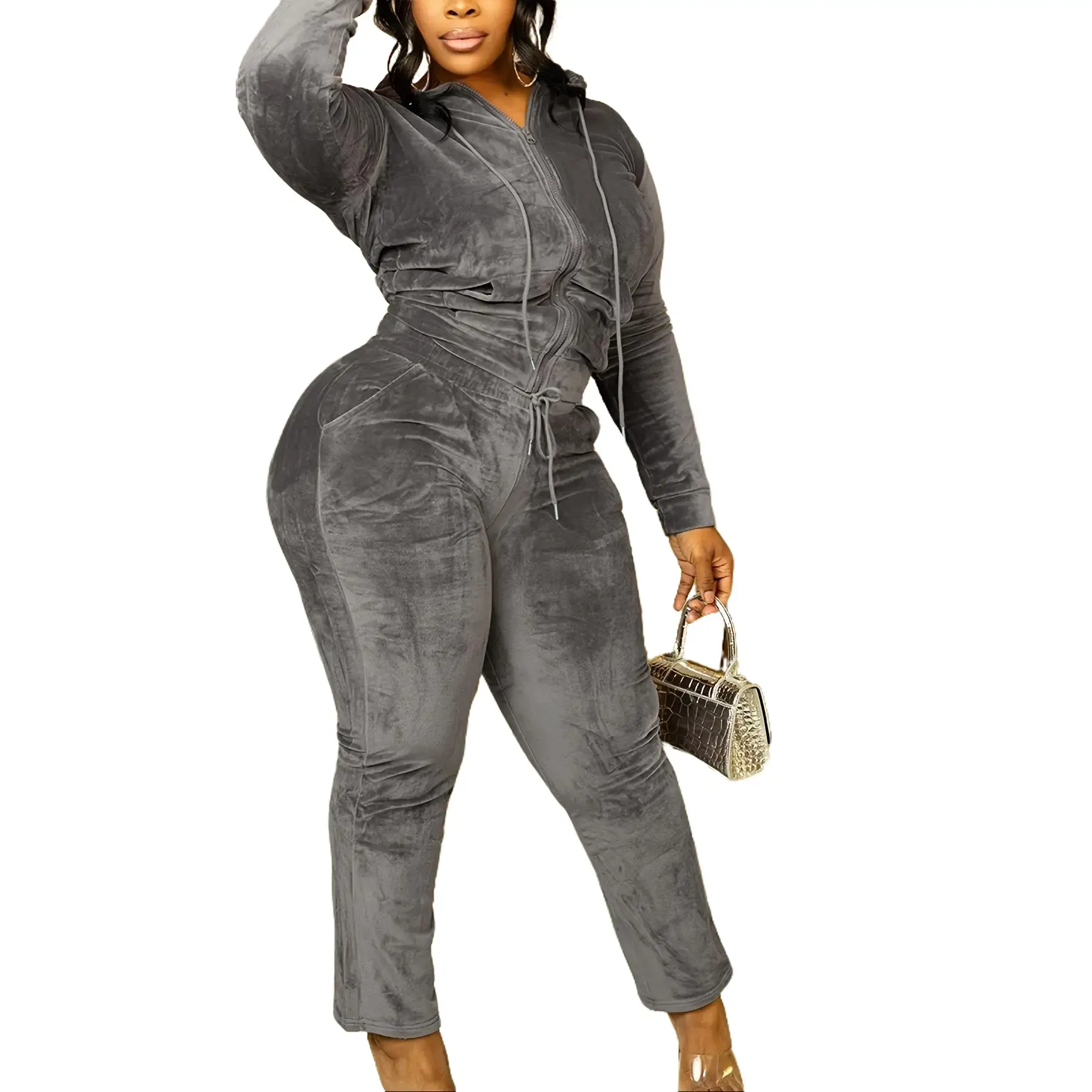 Women's 2-Piece Athleisure Street Fit Sportswear Set - Long Sleeve Zippered Hoodie & Joggers, Fall Winter Cozy Lounge Tracksuit Sweat Suits (Solid Colors), Sweatsuit Loose