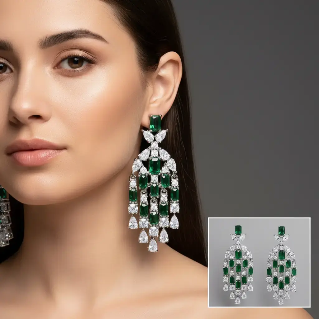 Heavy-duty edition earrings with emerald gemstones, diamond-encrusted tassels, long and elegant design, luxurious jewelry accessory