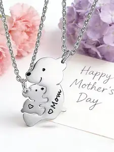 2 Pcs Cartoon Bear Mom And Baby Matching Necklace Stainless Steel Mothers Day Jewelry Gifts