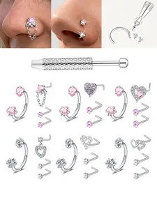 316L Stainless Steel 18G/20G Horseshoe Nose Rings With Double Heart CZ, L-Shaped Nose Studs, Assorted Nose Rings For Women & Girls, Nose Piercing Jewelry